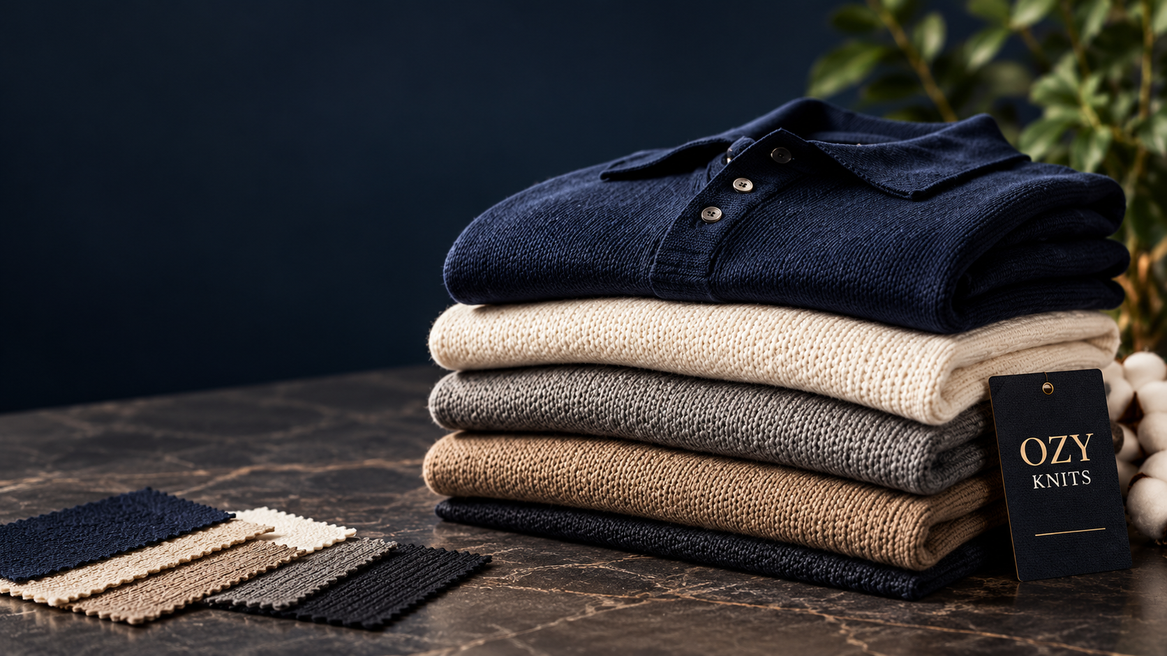 OZY KNITS folded navy, cream and charcoal garments