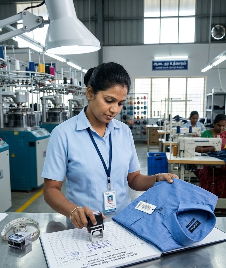 Textile worker inspecting fabric for quality control in a production facility