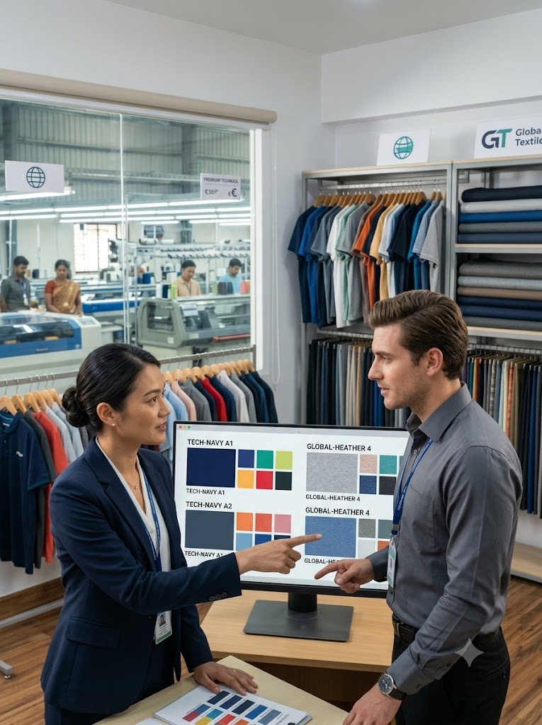 Designers reviewing garment sketches and fabric samples together