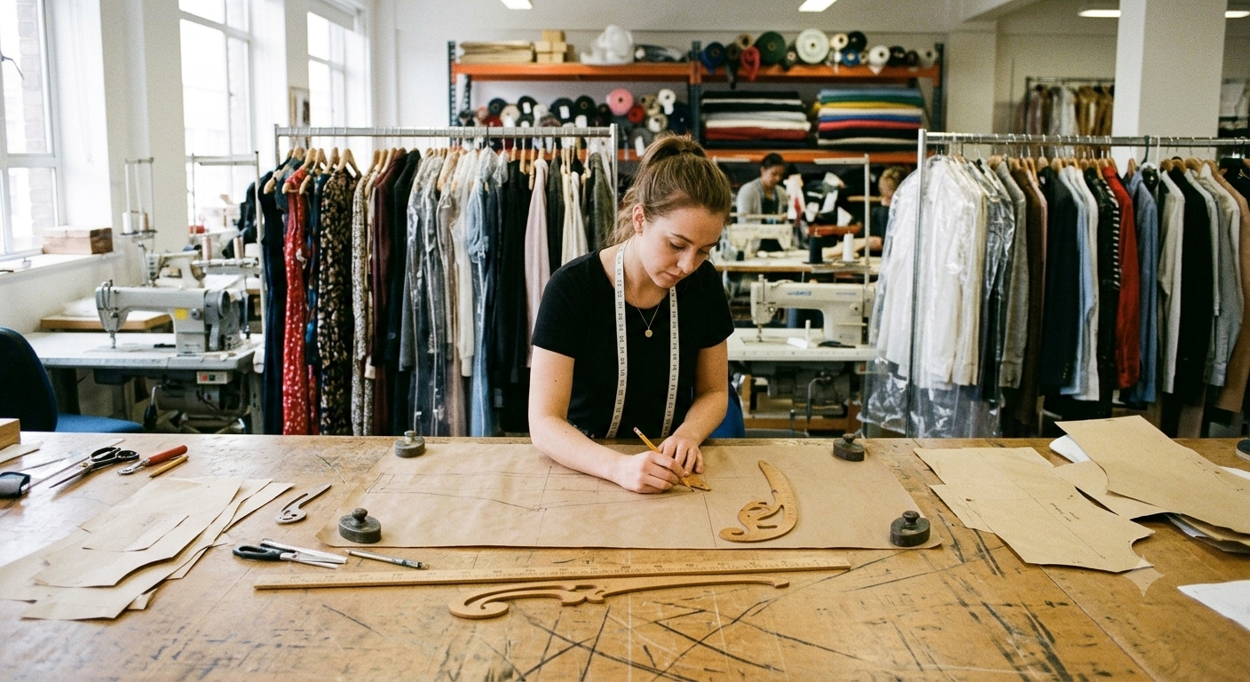 Male garment designer drafting and checking paper patterns on a worktable