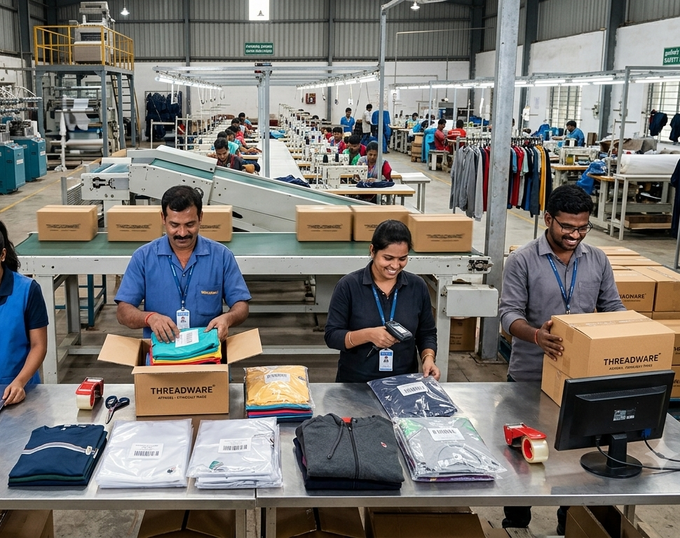 Finished garment being folded and sealed in protective packaging