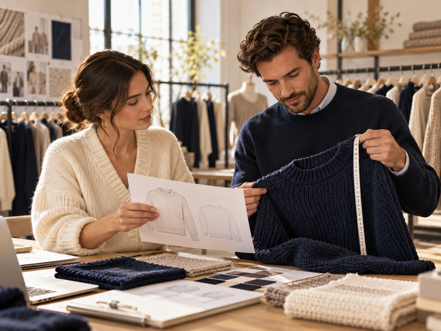 OZY Knits apparel sourcing team reviewing a knitted garment, sketch and measuring tape