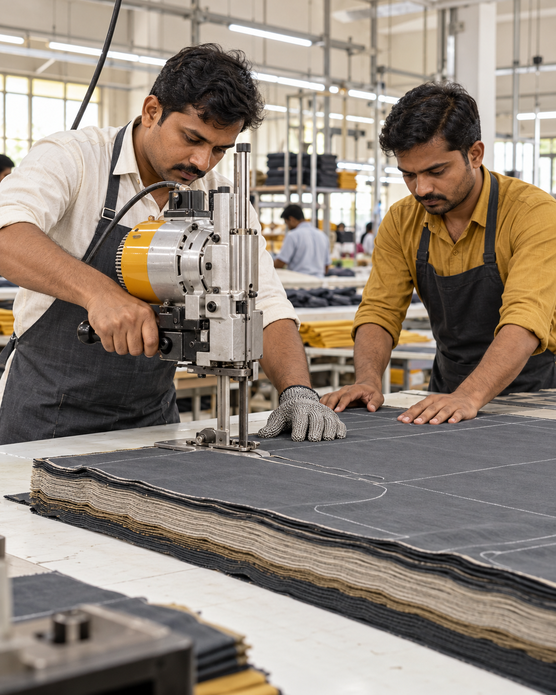 Two garment professionals cutting layered fabric with an industrial straight-knife machine