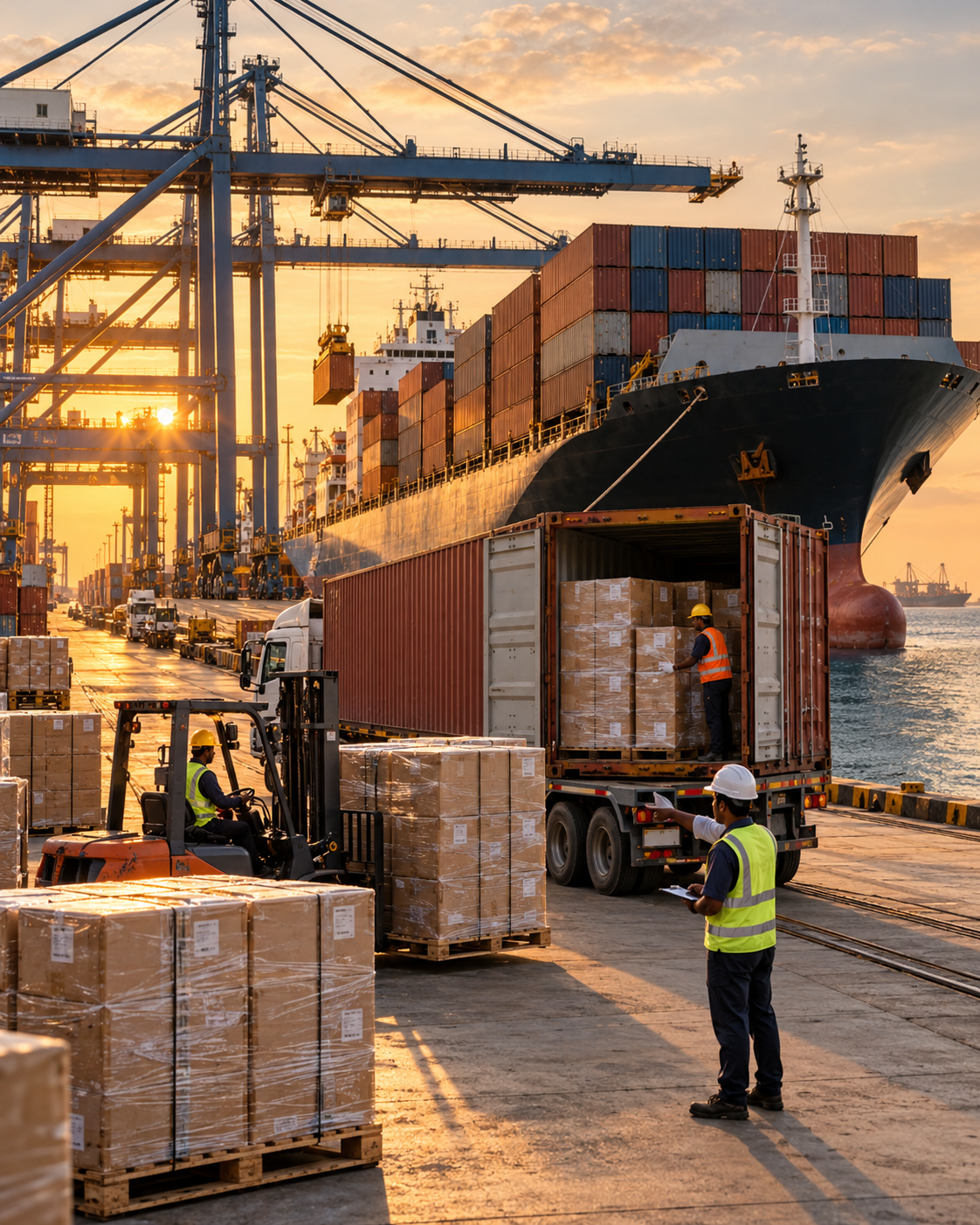 Apparel export cargo being coordinated at a container harbour