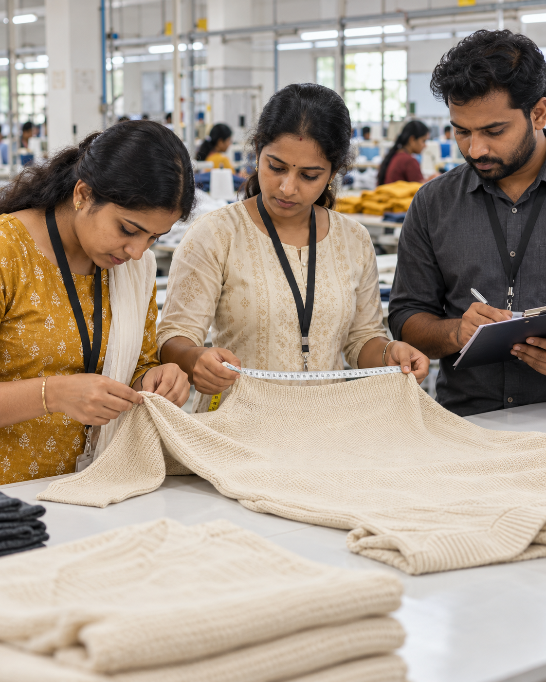 Three garment quality professionals checking measurements, seams and workmanship