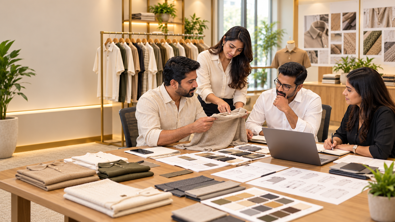 OZY Knits garment sourcing consultation team in a warm apparel studio